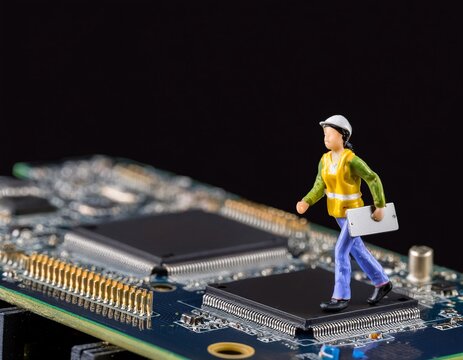 A conceptual image featuring miniature worker figures inspecting a fault on a computer mainboard. generative ai