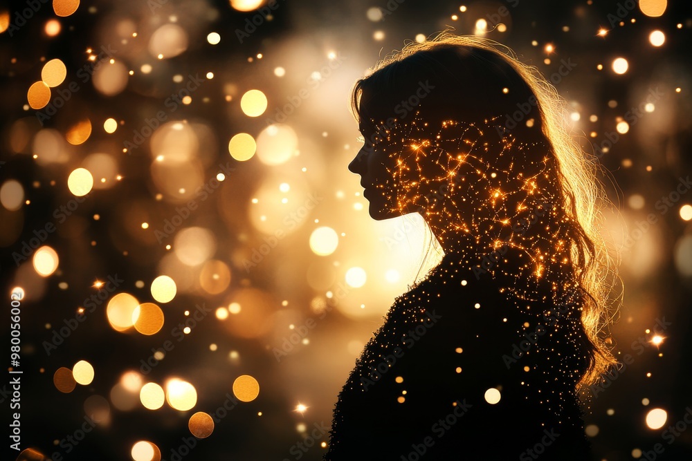 Poster womans silhouette surrounded by glowing bokeh lights symbolizing introspection inner beauty and the 