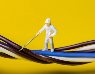 Conceptual showing mini figures of workers investigating a fault on a computer mainboard.generative ai