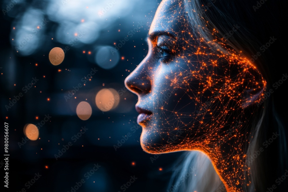 Poster woman’s profile dissolving into glowing particles symbolizing transformation the release of energy a