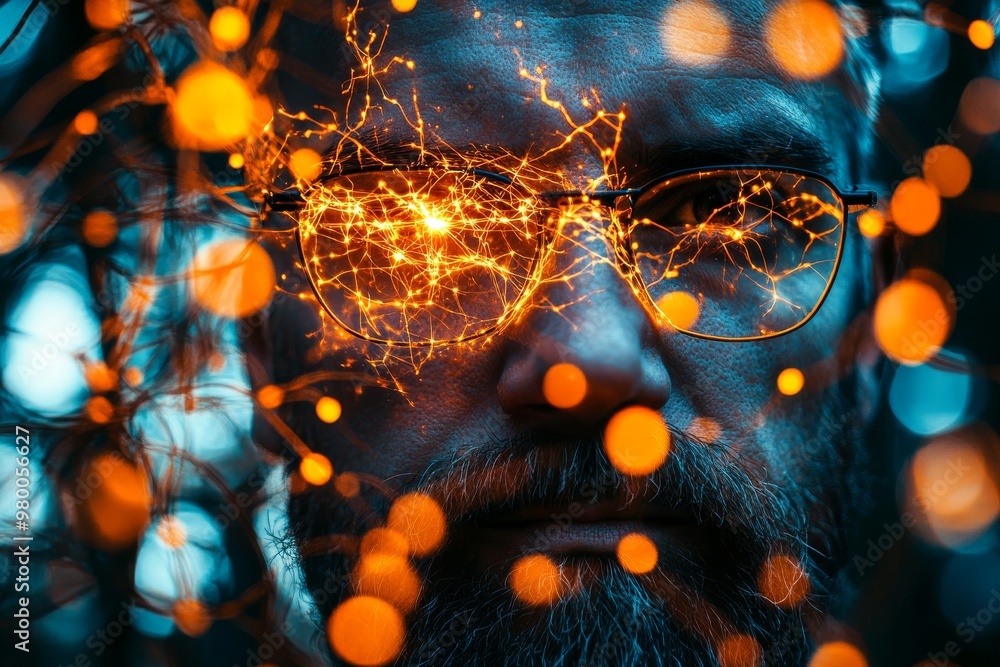 Poster Man wearing glasses overlaid with glowing orange data and network patterns symbolizing the convergence of human intelligence and technological insights in a digitally interconnected world