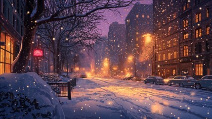 Snowy City Street at Twilight