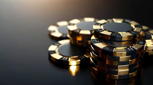 Slow motion video of casino poker chips stack on dark background illustrating luxury gambling and high roller stakes