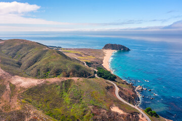 Highway 1 and Big Sur along the Pacific Ocean coast, beautiful landscape and aerial view, sunset, sunrise, fog. Concept, travel, vacation, weekend