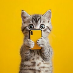 A cat is holding a cell phone in its mouth. The cat is looking at the camera with a surprised expression