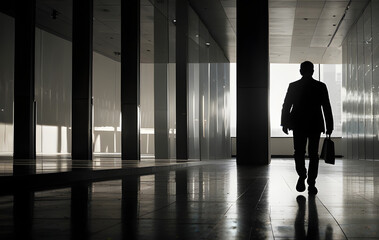 a business man silhouette, walking past building, large space for copy
