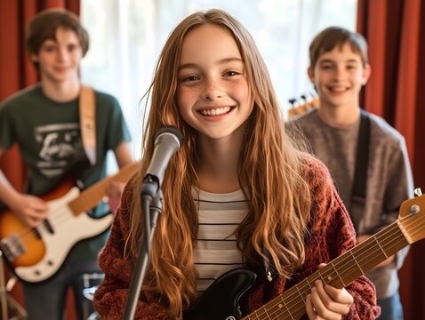 School band rehearsal or concert. A young girl smiles at the front of the group while playing her electric guitar, with two boys playing other instruments.