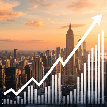 Stock market graph, steep upward trend. City skyline backdrop.