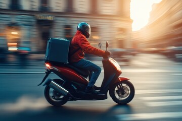 Fototapeta premium Delivery rider navigating the city on a motorcycle