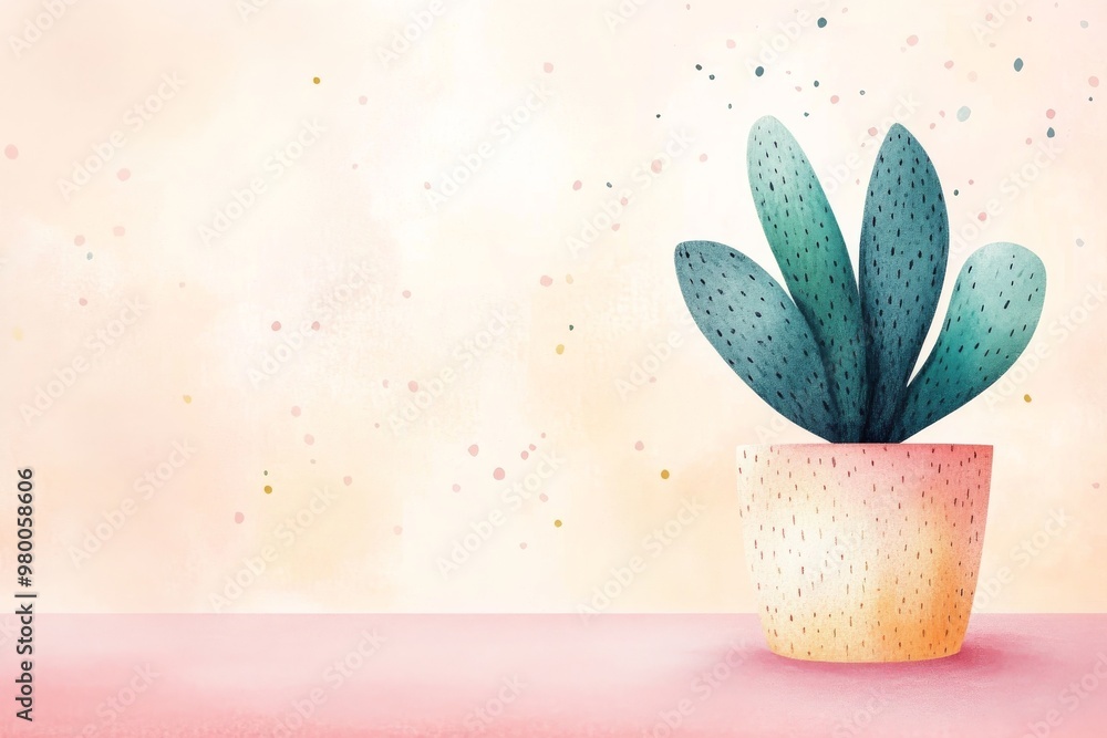 Wall mural Illustration of a potted plant with textured leaves in soft pastel colors, placed on a pink surface. Ideal for nature and interior design themes, with space for text.