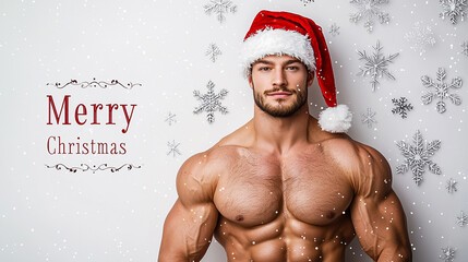 Holiday Cheer: Strong Masculine Santa with Gift Box and Christmas Decorations.