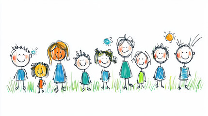 A large group of stick figure family members and kids standing in grass, expressing unity, happiness, and togetherness in a playful, cartoon style.