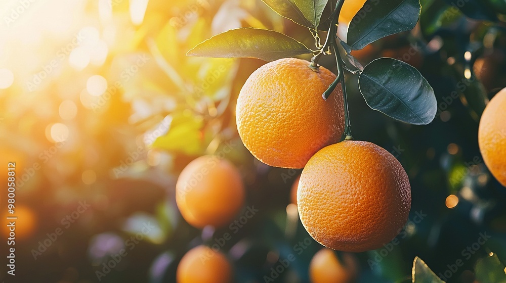 Sticker   Oranges dangle from a tree, with sunlight filtering through the leafy canopy above