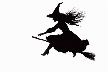 Graceful silhouette of a witch flying on a broomstick in serene gray ambiance