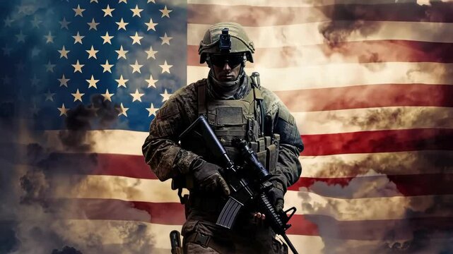 Soldier standing against waving American flag animation. Independence Day and Memorial Day concept. 4th of July. United States of America, US