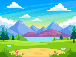 Fototapeta premium Clear turquoise mountain lake view. Rocky mountains on the river bank. Dawn or sunset in the mountains above the lake stock illustration