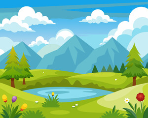 Fototapeta premium Horizontal spring summer landscape. Sunset, pink sky. Mountains, lake, forest, flying butterflies. Clear weather. Color vector illustration. Nature background with empty space for text stock illustrat