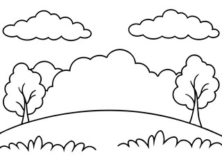 Landscape with trees and bushes. Coloring book page for kids. Cartoon style character. Vector illustration isolated on white background. stock illustration