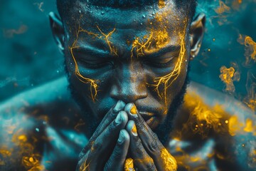 Mans face dissolving into glowing golden cracks symbolizing the release of inner strength the process of transformation and the radiant energy of renewal through struggle