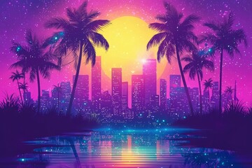 Cityscape with Palm Trees and a Yellow Moon at Sunset