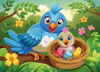 Cartoon mother bird with her baby in the nest stock illustration
