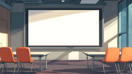 Meeting room with a blank presentation screen.


