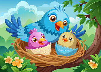 Cartoon mother bird with her baby in the nest stock illustration