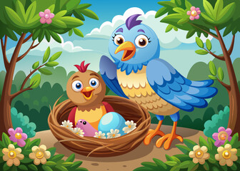 Cartoon mother bird with her baby in the nest stock illustration