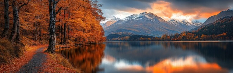Majestic Autumn Mountain Landscape with Vibrant Foliage and Serene Lake
