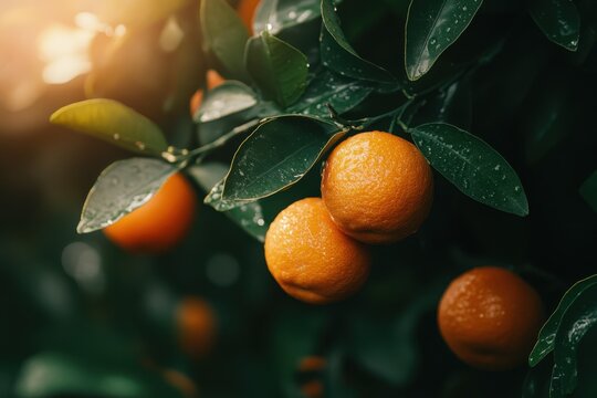Detailed view of lush ripe mandarins among green leaves on branches