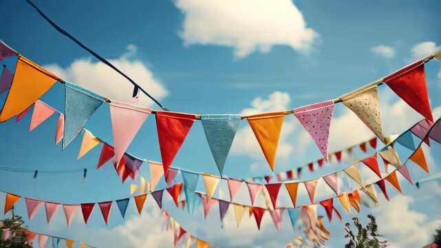 Festive bright multi-colored fairground festival flags on a blue sky background
