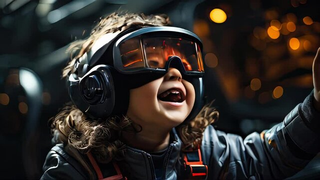 Small child boy smiling wearing astronaut or airplane pilot helmet