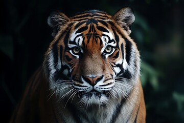 Obraz premium Closeup portrait of a Bengal tiger staring intently at the camera