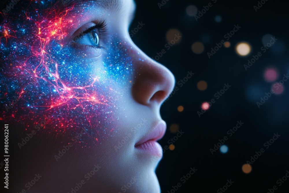 Poster womans face illuminated by glowing blue and pink cosmic particles symbolizing wonder introspection a