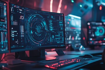 Obraz premium Cyberpunk style computer desktop with neon lights and digital interface. Futuristic tech design.