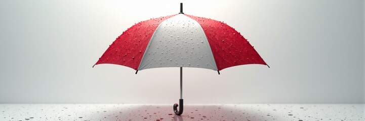 A stylish red and white umbrella with raindrops, symbolizing protection and resilience. Ideal for weather-related, insurance, or outdoor event themes.