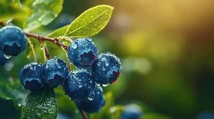   Blueberries on a branch with water droplets and green background