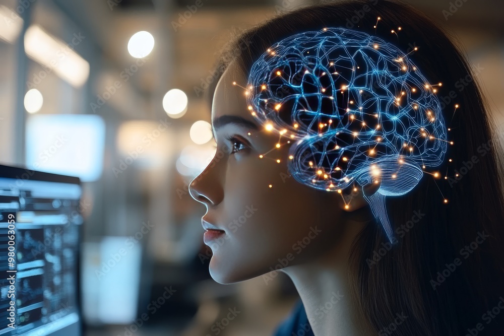 Aufkleber womans head overlaid with glowing neural networks and brain activity patterns representing artificia