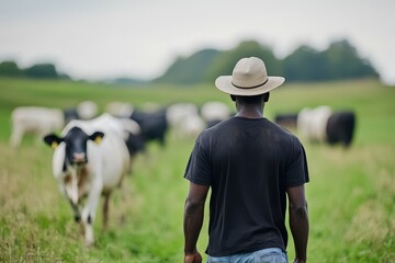 Farmers managing livestock in rural areas with a focus on sustainable dairy production and grazing cattle outdoors