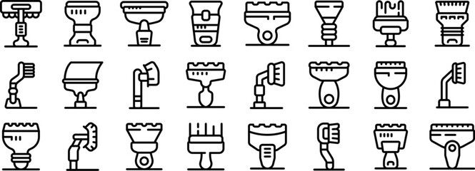 Scraper cleaning car icons set. Pool cleaning brush icons set. Outline set of pool cleaning brush vector icons for web design isolated on white background