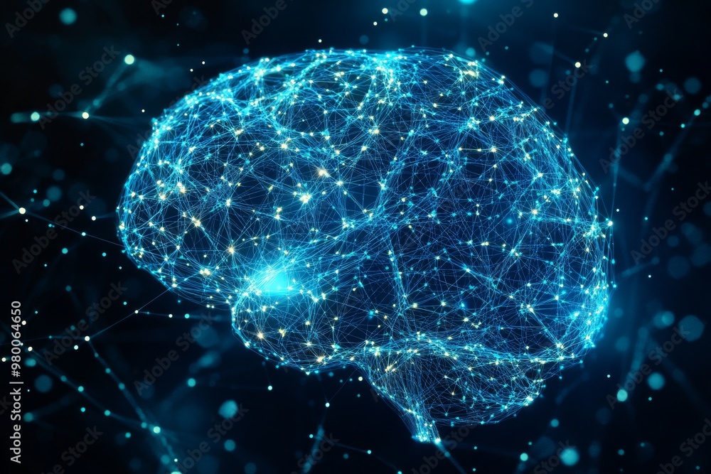 Poster blue digital brain with glowing neural connections on a dark background symbolizing artificial intel