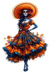 Fototapeta premium Illustration of a woman dressed and made up as Catrina for the Day of the Dead in Mexico, isolated on transparent background. 
