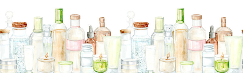 Seamless border Cosmetics set and candles. Oil, bath salts, shampoo and candles. Watercolor Clip Art on a white background. Hand drawn illustration in pastel colors. Suitable for card designs