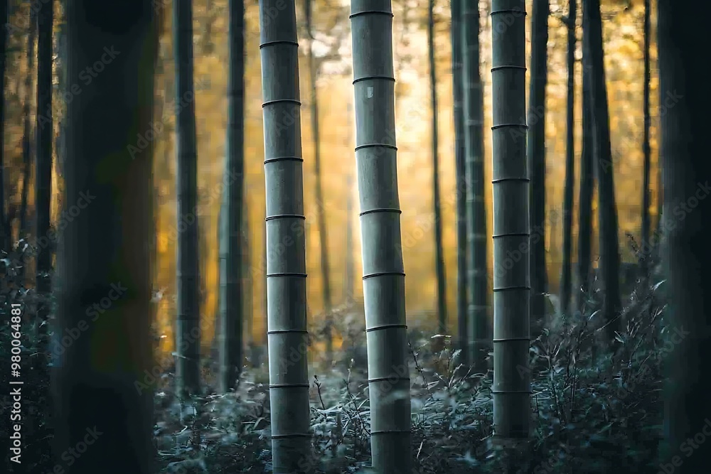 Wall mural golden light through dense bamboo forest, natural background