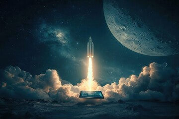 Naklejka premium Futuristic Image Startup Idea Rocket Launch from Tablet to Space Moon Mission Success Symbol