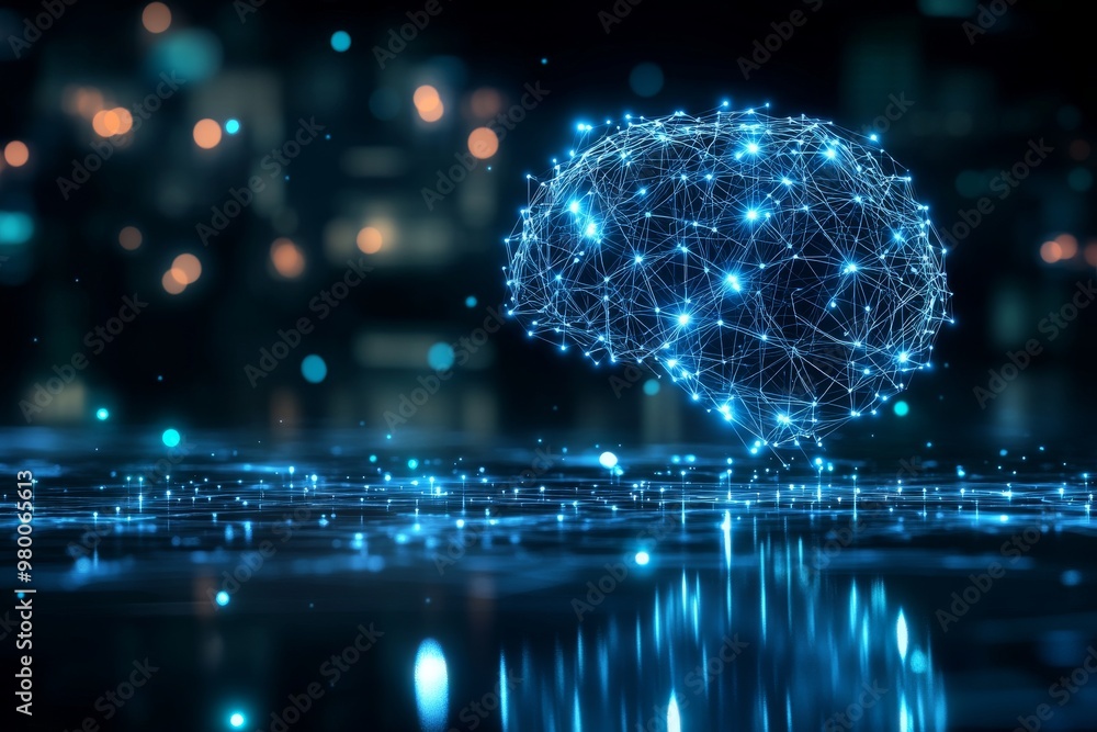 Aufkleber digital brain glowing in blue surrounded by a network of data streams symbolizing data processing ne