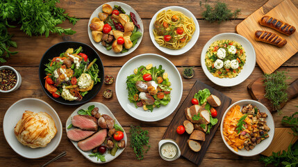 Culinary Feast: Rustic Comfort Food, Vibrant Colors, Appetizing Dishes, Cozy Ambiance, Fresh Ingredients