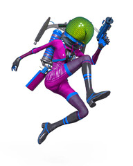 alien girl astronaut is holding a gun and jumping in action