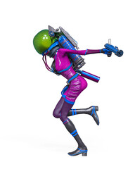alien girl astronaut is holding a gun and running side view