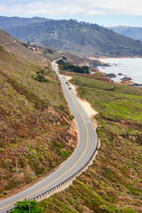 Highway 1 and Big Sur along the Pacific Ocean coast, beautiful landscape and aerial view, sunset, sunrise, fog. Concept, travel, vacation, weekend